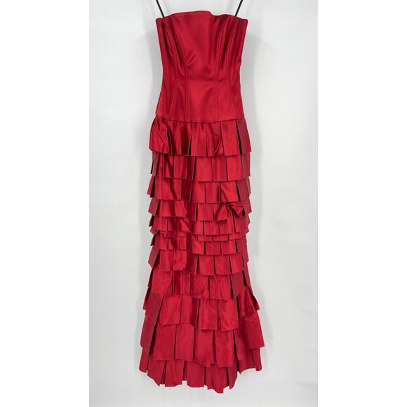 NBD | Echo Gown in Red Satin Drop Waist Strapless Tiered Layered Maxi Dress XS - Picture 2 of 16